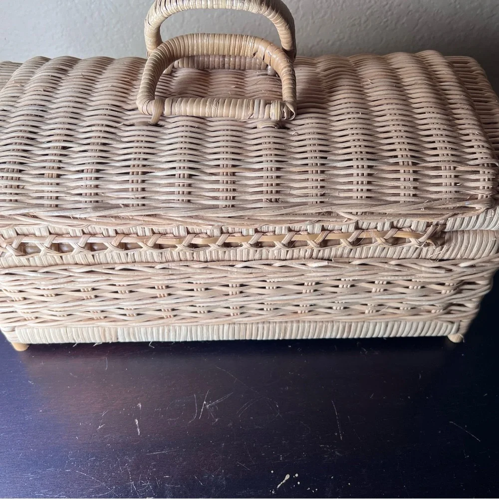 Vintage Wicker / Rattan Woven Picnic Basket w Handles, Needlework Storage, Craft